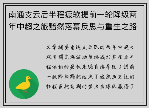 南通支云后半程疲软提前一轮降级两年中超之旅黯然落幕反思与重生之路 南通支云后半程疲软提前一轮降级两年中超之旅黯然落幕反思与重生之路