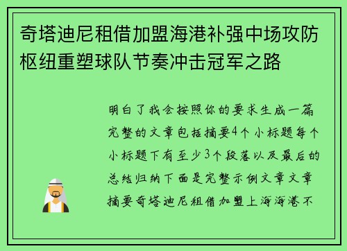 奇塔迪尼租借加盟海港补强中场攻防枢纽重塑球队节奏冲击冠军之路