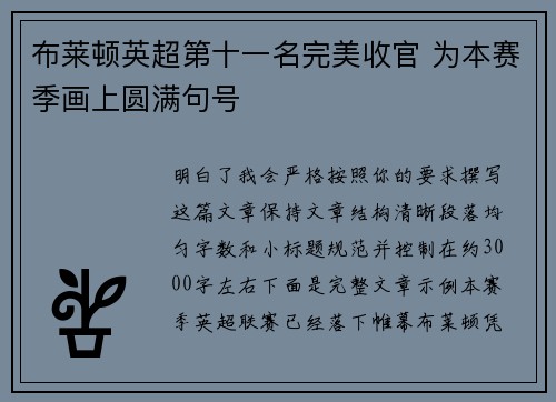 布莱顿英超第十一名完美收官 为本赛季画上圆满句号 布莱顿英超第十一名完美收官 为本赛季画上圆满句号